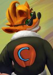 anthro bomber_jacket eyewear fur green_eyes grin hair jacker looking_at_viewer looking_back looking_back_at_viewer male orange_body orange_fur simple_background smile solo sunglasses zulzul activision crash_bandicoot_(series) crash_bandicoot bandicoot mammal marsupial