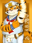 anthro armpit_hair belly blush body_hair embarrassed fur male musk musk_clouds orange_body orange_fur sailor_hat sailor_uniform slightly_chubby solo striped_body striped_fur stripes young zifu38052489 crave_saga boom_(crave_saga) felid mammal pantherine tiger absurd_res hi_res