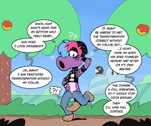 blue_eyes clothing collar confusion dialogue fishnet_clothing fishnet_topwear freckled_face freckles fur glistening_eyelids grass male mid_transformation motion_lines plant purple_body purple_fur question_mark solo speech_bubble spiked_collar spikes text topwear transformation tree tuft twinning trevor-fox mario_bros nintendo trevor-fox_(character) birdo chain_chomp dinosaur prehistoric_species reptile scalie english_text nonbinary_(lore)