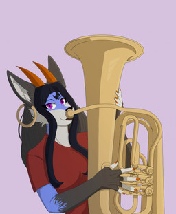 2_horns 5_fingers anthro black_body black_fur black_hair black_lips black_nose blue_body blue_fur brass_instrument breasts cheek_tuft claws clothed clothed_anthro clothed_female clothing ear_piercing ear_ring facial_tuft female female_anthro finger_claws fingers fur hair hoop_ear_ring horn light lips long_hair multicolored_body multicolored_fur multicolored_hair musical_instrument orange_claws orange_horn piercing playing_music playing_tuba purple_background purple_eyes red_clothing red_shirt red_topwear ring_piercing shirt simple_background smile smiling_at_viewer solo thick_bottom_lip topwear tuba tuft two_tone_hair white_body white_fur white_inner_ear wind_instrument elcastorblanco kiki_zafiro canid canine canis jackal mammal 2023 cel_shading colored digital_drawing_(artwork) digital_media_(artwork) english_description half-length_portrait hi_res lighting portrait shaded