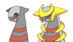 ambiguous_gender angry before_and_after black_sclera blursed_image duo feral happy horn open_mouth red_eyes simple_background smile white_background inukami_hikari nintendo pokemon altered_forme_giratina generation_4_pokemon giratina legendary_pokemon pokemon_(species) 2018