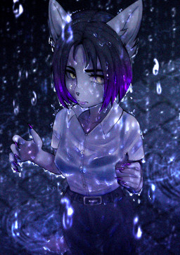 anthro belt black_hair bottomwear clothed clothing collared_shirt colored_nails detailed_background eyebrows female fur hair long_hair long_nails nails pants polo_shirt purple_hair raining shirt solo topwear wet white_body white_fur yellow_eyes kodda domestic_cat felid feline felis mammal digital_media_(artwork) digital_painting_(artwork) painting_(artwork)