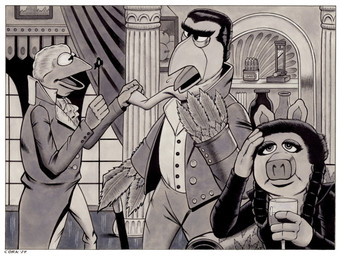 4_fingers 5_fingers anthro beak black_hair border bottle braided_hair cane cigar clothing column container cup curtains drinking_glass eyebrows female fingers glass glass_container glass_cup group guillotine hair jacket male parody shirt snout tan_monochrome text topwear unibrow white_border white_hair window wine_glass bruce_mccorkindale muppets pbs sesame_street the_muppet_show the_scarlet_pimpernel armand_chauvelin kermit_the_frog marguerite_blakeney miss_piggy percy_blakeney sam_the_eagle accipitrid accipitriform amphibian avian bird domestic_pig eagle frog mammal muppet suid suine sus_(pig) 2024 artist_name crossover hi_res mixed_media monochrome signature tan_theme