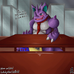 ambiguous_gender blue_eyes blush bodily_fluids boss chair clothing cum cum_on_penis desk duo furniture genital_fluids genitals grin horn male male/ambiguous male/male necktie office open_mouth oral pencil_(object) penis sex sitting smile table teeth text tongue under_table window writing_utensil asbel_lhant conditional_dnp nintendo pokemon node6 generation_1_pokemon generation_2_pokemon nidoking pokemon_(species) typhlosion 1:1 english_text hi_res
