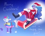 anthro anthrofied blue_hair boots christmas_clothing christmas_headwear clothing costume dialogue facial_hair fake_mustache female footwear gloves glowing gradient_hair hair handwear hat headgear headwear holidays horn long_hair looking_at_viewer mustache one_eye_closed purple_hair santa_costume santa_hat shoes sled sparkles star text wink winking_at_viewer aztrial christmas hasbro mlp_g5 my_little_pony mythology izzy_moonbow_(mlp) senor_butterscotch_(mlp) equid equine mammal mythological_creature mythological_equine unicorn english_text hi_res