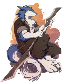 4_toes arm_tuft belt black_sclera blue_body blue_fur bottomwear cheek_tuft chest_tuft claws clothed clothing curled_tail digitigrade dog_tags elbow_tuft facial_tuft feet fur grey_eyes holding_object holding_weapon looking_away male melee_weapon open_clothing open_shirt open_topwear pants pattern_background polearm shirt simple_background sitting snout solo tail tail_tuft toes topwear tuft weapon white_background white_body white_fur spidersnax mammal sergal 2011 signature