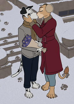 anthro biped black_bottomwear black_clothing black_pants black_spots bottomwear bouquet claws clothed clothing coat countershade_face countershade_fur countershading digitigrade duo eyebrows female floppy_ears flower flower_bouquet folded_ears footprint fur hand_on_cheek holding_object interspecies jacket kissing male male/female markings outside pants pawprint pink_nose plant scarf snow spots spotted_body spotted_fur tail tail_tuft tan_body tan_fur toe_claws topwear tuft white_body white_fur winter foxxj canid canine canis dalmatian domestic_dog felid lion mammal pantherine 2026 hi_res