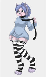 anthro bottomwear clothed clothing female leash leash_pull legwear one_eye_closed oversized_clothing smile solo stockings sweater topwear wink catblue01 rockary canid canine canis domestic_cat domestic_dog felid feline felis mammal 2d_animation animated hi_res high_framerate motion_tweening no_sound short_playtime webm