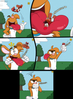 3_toes 4_fingers anthro big_feet big_tongue bottomwear cartoon_gloves cartoon_physics cheek_bulge clothing collar duo eyebrows eyewear feet fingers glasses long_tongue macro male male/male mawplay micro open_mouth pants pawpads paws red_tongue soft_vore soles tail thick_tongue toes tongue toony toony_moment uvula vore wide_tongue doggydog doggydog_(character) roderick_(tamerkoh) toon_doggydog_(doggydog) canid canine canis domestic_dog lagomorph leporid mammal rabbit absurd_res comic hi_res