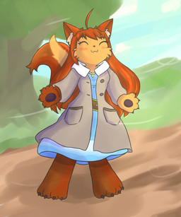 :3 ahoge anthro black_pawpads blue_clothing blue_dress blush breasts brown_body brown_fur brown_hair button_(fastener) clothed clothing coat dress eyebrow_through_hair eyebrows eyelashes eyes_closed female fur hair jewelry multicolored_body multicolored_fur necklace pawpads plant solo standing topwear translucent translucent_hair tree two_tone_body two_tone_fur wind unknownlifeform cinny_a_la_carte felid feline mammal 2019 5:6 digital_media_(artwork) full-length_portrait hi_res portrait signature