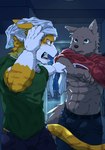 anthro blush dripping_wet drying drying_fur drying_hair duo fur hair male male/male raining taking_off_shirt hi_na_ga akagi_daichi_(shared_house) akashi_zento_(shared_house) canid canine canis domestic_cat domestic_dog felid feline felis mammal absurd_res hi_res