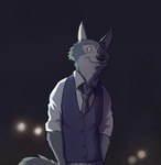 2019 anthro arms_by_side beastars black_necktie black_nose blue_body blue_clothing blue_fur blue_topwear blue_vest blurred_background bottomwear buttoned_clothing canid canine canis cel_shading clothed clothing collared_shirt fluffy fluffy_tail front_view fur hi_res legoshi_(beastars) looking_away male mammal necktie night paintfox pants rolled_up_sleeves school_uniform shaded shadow shirt simple_background slim solo standing tail topwear uniform vest white_clothing white_shirt white_topwear wolf
