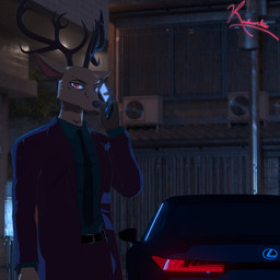 accessory anthro antlers brown_eyes car cellphone clothed clothing detailed_background electronics flip_phone furrowed_eyebrows horn male necktie night outside phone phone_call phone_screen solo suit tinted_windows vehicle vermilionrenderworks enticia_(modeler) beastars lexus_(car) louis_(beastars) deer mammal 1:1 3d_(artwork) absurd_res blender_(artwork) blender_cycles_(artwork) digital_media_(artwork) hi_res