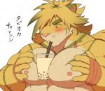 5_fingers anthro beverage blush bubble_tea drinking_straw eyebrows fingers fur green_hair hair hand_wraps kemono male moob_grab moobs multicolored_body multicolored_fur multicolored_hair muscular muscular_anthro muscular_male nipples pec_grab pecs pink_nipples solo stripes text two_tone_body two_tone_fur wraps yellow_body yellow_fur yoshizaurusu_n hands-free_bubble_tea lifewonders tokyo_afterschool_summoners macan_(tas) felid mammal pantherine tiger 2019 hi_res japanese_text meme