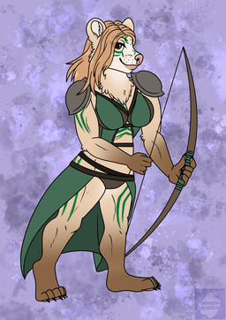 anthro blonde_hair body_pillow bottomwear bow_(weapon) clothing female hair long_hair pillow ranged_weapon ranger shirt shoulder_guards skirt solo topwear tunic weapon arwenscoots conditional_dnp american_black_bear bear black_bear kermode_bear mammal ursine hi_res