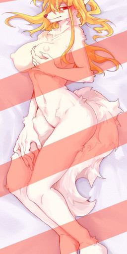 anthro bed big_breasts big_tail blonde_hair blush breast_grab breasts claws eyebrow_through_hair eyebrows female fluffy fluffy_tail furniture hair hand_on_breast hand_on_leg nipples nude red_eyes smile solo tail translucent translucent_hair white_arms white_body white_breasts white_ears white_legs white_nipples white_tail unknown_artist ids_(user) ace_heart_(ids) canid canine canis mammal wolf hi_res