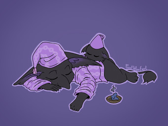 3_toes ambiguous_anthro ambiguous_gender anthro barefoot beak beak_closed big_ears biped black_beak black_body black_fur black_tail black_tail_tuft bottomless bottomless_ambiguous bottomless_anthro candle candlestick claws clothed clothed_ambiguous clothed_anthro clothing duo ears_down eyes_closed feet fingers fist fur hat headgear headwear hindpaw lying mouth_closed nightcap on_front pajamas pattern_clothing pattern_hat pattern_headgear pattern_headwear pattern_topwear paws pink_clothing pink_hat pink_headwear pink_pajamas pink_topwear pivoted_ears purple_background purple_inner_ear semi-anthro side_view simple_background sleeping sleeping_on_another sleeping_together sleepwear small_claws tail tail_tuft toe_claws toes topwear tuft young young_ambiguous young_anthro frostwoof deadlock_(game) mythology valve lil_helper_(deadlock) rem_(deadlock) avian chimera dream_creature gryphon mythological_avian mythological_creature 2026 4:3 hi_res