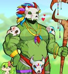 anthro biceps bone duo female green_hair hair male mask muscular muscular_anthro muscular_male pecs skull skull_mask staff joonlic1ous terraria witch_doctor_(terraria) human lihzahrd lizard mammal reptile scalie hi_res