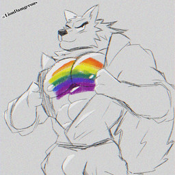 abs anthro barazoku bulge lgbt_pride male mane muscular opening_jacket pecs pride_color_flag pride_colors smile solo liondangerous lgbt_pride_month mythology canid canine canis mammal mythological_canine mythological_creature werecanid werecanine werecreature werewolf wolf 1:1 chromatic_aberration
