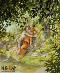 anthro barely_visible_nipples breasts convenient_censorship detailed_background duo female forest hair male male/female nature navel nipples nude outside plant scenery tail tail_censorship tree wood nekoart domestic_cat felid feline felis mammal 2007 censored traditional_media_(artwork)