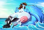 3_fingers 4_ears 4_fingers anthro areola aster_(flower) big_areola big_breasts black_body black_feathers black_tail black_wings blue_arms blue_body blue_hands blue_legs blue_skin blue_sky blue_water bottomless bottomless_anthro bottomless_female bra breasts brown_hair clothed clothing duo extreme_size_difference eyes_closed feather_hair feathered_wings feathers female fingers flower flower_in_ear glistening glistening_breasts green_bikini_top green_bra green_clothing green_underwear grey_pawpads grey_scutes hair hand_pawpads happy huge_breasts hyper hyper_breasts larger_anthro larger_female larger_nude multi_ear nipples non-mammal_breasts nude nude_anthro nude_female one_eye_closed open_mouth open_top_glasses partially_submerged pawpads pink_areola pink_nipples plant playful playful_splashing playing_in_water pseudo_hair purple_body purple_feathers purple_tail_tuft purple_wings red_eyes scuted_hands scutes sharp_teeth size_difference sky smaller_anthro smaller_clothed smaller_female smile splash splashing_water tail tail_tuft tatarian_aster_(flower) teeth tuft underwear water white_arms white_body white_feathers white_hands white_skin winged_arms wings lesang elavi_(elevig) shannon_shark avali avian fish marine shark 2025 absurd_res hi_res signature