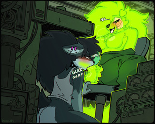 ambiguous_gender anthro areola balls blush bodily_fluids bottomless bottomless_ambiguous breasts clothed clothing collar duo ear_piercing fellatio female female_penetrated genitals glowing glowing_eyes glowing_nipples green_areola green_balls green_breasts green_nipples green_penis gynomorph gynomorph/female gynomorph_penetrating gynomorph_penetrating_female intersex intersex/female intersex_penetrating intersex_penetrating_female looking_pleasured nipples oral oral_penetration penetration penile penile_penetration penis piercing saliva saliva_string sex sound_effects tail text topless topless_gynomorph topless_intersex eviex_01 canid canine canis domestic_dog mammal wolf 5:4 hi_res