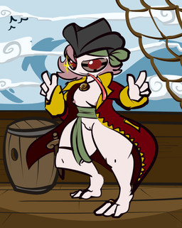 anthro barefoot breasts clothed clothing exhibitionism exposed feet female genitals hair nipples pirate solo tongue vulva thefablednekos abigael_(thefablednekos) amphibian frog 2020 absurd_res dated digital_media_(artwork) hi_res