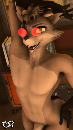 anthro black_body black_fur black_highlights brown_body brown_fur brown_hair eyewear eyewear_only fur genitals glasses glasses_only hair highlights_(coloring) humanoid_genitalia humanoid_penis inside looking_at_viewer male multicolored_body multicolored_fur multicolored_hair nude nude_anthro nude_male penis pose solo two_tone_body two_tone_fur two_tone_hair wearing_glasses yellow_eyes psikokinetic warfaremachine_(modeler) psiko_(psikokinetic) canid canine canis jackal mammal 2024 3d_(artwork) 9:16 absurd_res digital_media_(artwork) hi_res source_filmmaker_(artwork)