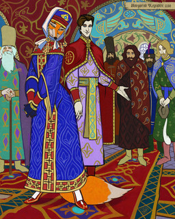 anthro beards cane carpet clasped_hands cloak clothed clothing court detailed_background dress female floor footwear fresco group hat headdress headgear headwear inside introducing_another jewelry male medieval_clothing mosaic mural narrowed_eyes nobleman noblewoman novgorad_republic paintbrush_tail pointed_shoes red_clothing red_footwear red_shoes regal regalia ring robe shoes shy slavic slavic_vernacular_architecture standing tail text wall_(structure) sir_paulus lisabeth_(lord_paulus) pavel_(sir_paulus) canid canine fox human mammal hi_res story story_in_description