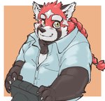 anthro black_body black_nose camera clothing kemono male overweight overweight_male red_body shirt simple_background solo topwear exe_exem lifewonders tokyo_afterschool_summoners zhurong_(tas) ailurid mammal red_panda 2021 digital_media_(artwork)