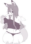 anthro bodily_fluids breasts clothed clothing female food hair heart_symbol long_hair looking_at_viewer navel off_shoulder panties popsicle popsicle_in_mouth pupils simple_background sitting slit_pupils solo sucking sweat tail underwear opqhlak brand_new_animal studio_trigger nazuna_hiwatashi canid canine fox mammal absurd_res greyscale hi_res monochrome