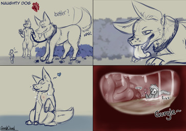 anthro belly bodily_fluids bulge digestion dominant fatal feral ferallicking group male male/male micro organs saliva stomach text trio vore bun_morozov canid canine canis domestic_dog lagomorph leporid mammal rabbit absurd_res comic english_text hi_res