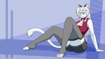 anthro breasts cleavage clothed clothing female fur legwear looking_at_viewer on_ground smile smiling_at_viewer solo stockings white_body white_fur noke13 yume_(noke13) domestic_cat felid feline felis mammal 16:9 hi_res wallpaper widescreen