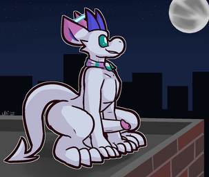 2_horns 3_toes 4_fingers anthro balls big_balls big_penis blue_horn blue_inner_ear clothing detailed_background dipstick_ears ear_markings erection feet fingers full_moon genitals glans green_scarf grin horn humanoid_genitalia humanoid_penis looking_up male moon multicolored_ears outside pattern_clothing pattern_scarf penis pink_body pink_glans pink_scales pink_scarf rooftop scales scarf smile solo spade_tail striped_clothing striped_scarf stripes tail teal_sclera toes white_balls white_body white_eyes white_penis white_scales white_scarf ultilix panazel_maria gargoyle 2025