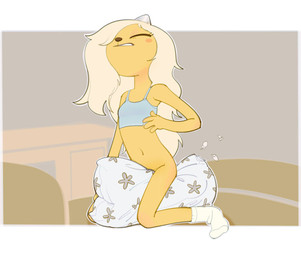 4_fingers anthro blonde_hair blush bottomless breasts clothed clothing eyes_closed female fingers footwear fur grinding hair horn masturbation navel one_eye_obstructed pillow pillow_humping shirt small_breasts socks solo tank_top topwear vaginal vaginal_masturbation wince yellow_body yellow_fur junyois adventure_time cartoon_network bronwyn_(adventure_time) bear canid canine canis domestic_dog hybrid mammal rainicorn hi_res
