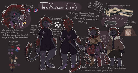 3_fingers 3_toes anthro arm_feathers arm_tuft armor barefoot beak blue_eyes bodysuit bulge butt clothing feather_hair feathered_crest feathers feet fingers front_view grey_body grey_scales gun handgun head_crest heart_symbol highlights_(coloring) jacket long_tail long_tongue male pseudo_hair ranged_weapon rear_view red_body red_feathers red_sclera revolver rifle scales sharp_teeth skinsuit smile solo tail tail_feathers teeth text tight_clothing toes tongue tongue_out toothed_beak topwear tuft unitard weapon slime-pupp halo_(series) microsoft xbox_game_studios alien avian kig-yar scalie t'vaoan absurd_res colored english_text hi_res model_sheet