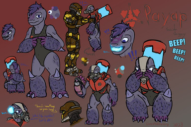 breasts carrying_another clothing crouching dialogue duo explosives female fingers_together gas_mask grenade hair index_to_index knee_spikes larger_human larger_male leg_spikes leotard lifting_another male mask needler non-mammal_breasts plasma_grenade purple_eyes size_difference small_breasts smaller_female spikes spikes_(anatomy) text weapon emmetalbenny halo_(series) microsoft xbox_game_studios alien human mammal unggoy 3:2 colored english_text hi_res