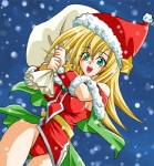 5_fingers alternate_costume blonde_hair blue_eyes blush camel_toe christmas_clothing christmas_headwear clothed clothing costume female fingers fur_trim_(clothing) green_eyes hair hat headgear headwear holding_object holidays human_only humanoid_hands long_hair nipple_outline not_furry open_mouth open_smile panties panty_shot red_clothing red_panties red_underwear sack santa_costume santa_hat smile snow snowing solo star tan_body tan_skin teeth underwear chorogi christmas konami yu-gi-oh! dark_magician_girl duel_monster human mammal grandfathered_content