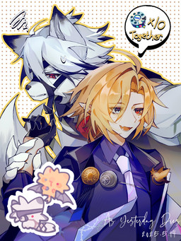 annoyed anthro ascot blonde_hair clothing duo fur hair harness heterochromia humanoid_pointy_ears jacket leather leather_harness long_hair male necktie pattern_background pointy_ears red_eyes simple_background smile text topwear white_body white_fur white_hair bloodys29948431 mihoyo zenless_zone_zero hugo_vlad von_lycaon canid canine canis humanoid mammal wolf 2025 3:4 absurd_res dated english_text hi_res