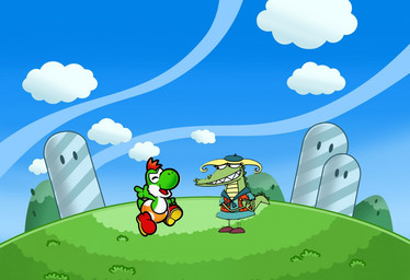 blonde_hair green_body green_skin hair red_hair sharp_teeth teeth funnismonkis camp_lazlo cartoon_network mario_bros mythology nintendo paper_mario paper_mario:_the_thousand_year_door gretchen_(camp_lazlo) the_great_gonzales_jr alligator alligatorid crocodilian dinosaur dragon green_yoshi mythological_creature mythological_scalie prehistoric_species reptile scalie yoshi crossover