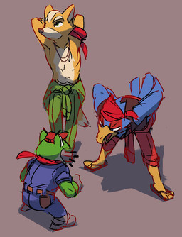 anthro argument biped blue_body blue_feathers clothed clothed_anthro clothed_male clothing feathers flip_flops footwear fully_clothed fully_clothed_anthro fully_clothed_male green_body group male male_anthro mechanic sandals shoes simple_background topless topless_anthro topless_male trio flookz nintendo star_fox falco_lombardi fox_mccloud slippy_toad amphibian avian bird canid canine fox frog mammal 2017 digital_media_(artwork)