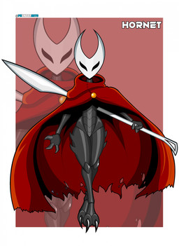 2_horns anthro biped black_body black_eyes blue_text claws cloak clothing female holding_melee_weapon holding_object holding_weapon horn melee_weapon name_drop polearm red_clothing solo spear standing text weapon white_text phunter15 hollow_knight_(franchise) team_cherry hornet_(hollow_knight) arachnid arthropod insect spider english_text hi_res