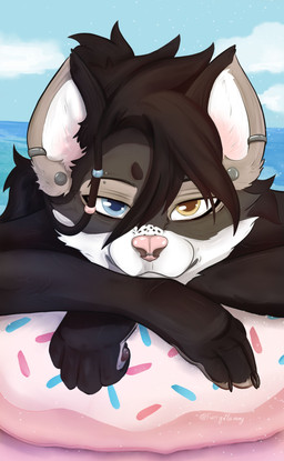 anthro black_hair blue_eyes claws ear_piercing facial_piercing female finger_claws front_view fur hair heterochromia inflatable inner_ear_fluff looking_at_viewer nose_piercing outside partially_submerged piercing pool_float solo tuft water white_body white_fur furrymammy spuydjeks_(character) hyena mammal absurd_res digital_media_(artwork) hi_res