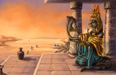 ambiguous_gender anthro blue_eyeshadow bottle bracelet brown_body brown_fur clothed clothing container cow_horns_crown crown dress duo ears_up egyptian egyptian_clothing egyptian_headdress eyeshadow female feral fur gold_(metal) gold_jewelry grey_body grey_fur headdress headgear headwear holding_object horizon jewelry kalasiris larger_female makeup markings necklace outside radiant_crown sea ship sitting size_difference smaller_ambiguous snake_hood solo_focus striped_markings striped_tail stripes sunset tail tail_markings usekh vehicle vulture_crown water watercraft whiskers alassa cobra domestic_cat felid feline felis mammal reptile scalie snake