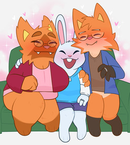 3_toes 4_fingers age_difference anthro anthro_on_anthro bisexual blue_bottomwear blue_clothing blue_hoodie blue_shirt blue_shorts blue_topwear blush bottomless bottomwear brown_clothing brown_topwear buckteeth closed_smile clothed clothed_anthro clothed_female clothed_male clothing digit_ring elderly elderly_female elderly_male eyes_closed eyewear fangs feet female fingers fur furniture glasses group happy heart_symbol hoodie hug hugging_another interspecies interspecies_romance jewelry long_ears love male male/female male/male married_couple mouth_closed on_sofa open_mouth open_smile orange_body orange_ears orange_fur orange_legs overweight overweight_anthro overweight_female pink_clothing pink_nose pink_shirt pink_topwear pointy_ears polyamory red_clothing red_shirt red_topwear ring romantic romantic_couple shirt shorts simple_background sitting sitting_on_sofa smile sofa teeth throuple toes toony topwear trio wearing_glasses wedding_ring white_background white_body white_ears white_fur white_legs younger_anthro younger_male crushpepper peri_(crushpepper) reiku_(snowrabbitreiku) sesame_(crushpepper) canid canine felid feline fox lagomorph leporid mammal rabbit 2026 colored english_description flat_colors hi_res shaded