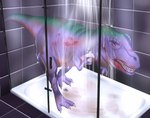 bathing bathroom beast_mode blood bodily_fluids dripping_wet feral looking_at_viewer male mud shower showering soap solo morrrisey hasbro takara_tomy transformers transformers:_beast_wars megatron_(beast_wars) dinosaur prehistoric_species reptile scalie theropod tyrannosaurid tyrannosauroid tyrannosaurus tyrannosaurus_rex hi_res