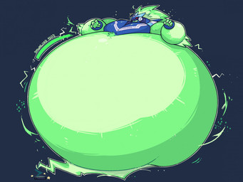anthro belly belly_inflation big_belly green_body huge_belly hyper hyper_belly inflation male red_eyes solo spherical_inflation massiveguild capcom mega_man_(series) omega-xis em_being 2021 4:3