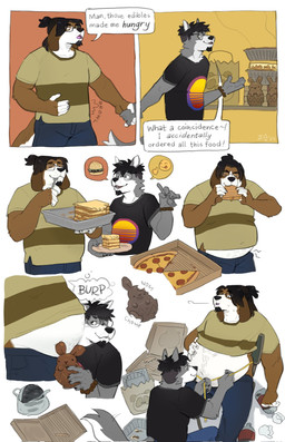 anthro bag belly belly_expansion belly_peek belly_peeking_out belly_press beverage black_clothing black_facial_hair black_hair black_shirt black_topwear bloated blue_bottomwear blue_clothing blue_pants bodily_fluids body_hair bottomwear brown_body brown_fur burger burping cake candy chocolate chocolate_bunny clothing container dessert dialogue duo eating eating_food emoji expansion eyes_closed eyewear facial_hair floppy_ears food fork_in_mouth fur glasses goatee grey_body grey_fur hair hair_bun hand_on_belly happy_trail holding_stomach lidded_eyes male male/male navel open_mouth pants pink_tongue pizza pizza_box ponytail rumbling_stomach shirt simple_background soda soda_bottle speech_bubble stuffing sweat sweatdrop t-shirt tail tail_motion tailwag tape_measure tape_measure_around_waist text tongue topwear weight_difference weight_gain white_background white_belly gabbagebin canid canine canis domestic_dog mammal wolf comic english_text hi_res multiple_images