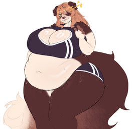 anthro athletic_wear belly big_belly big_breasts blush bodily_fluids bottomwear bra breasts clothed clothing exercise female front_view fur gesture gym_bottomwear gym_shorts hair huge_breasts looking_at_viewer morbidly_obese navel obese one_eye_closed overweight overweight_anthro overweight_female shirt shorts simple_background smile smiling_at_viewer solo sports_bra standing sweat sweaty_body sweaty_breasts sweaty_legs sweaty_thighs tail thick_thighs topwear underwear waving waving_at_viewer wide_hips wink workout workout_clothing workout_outfit harufeng sarah_(corgipudding) border_collie canid canine canis collie domestic_dog herding_dog mammal pastoral_dog sheepdog hi_res