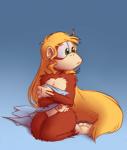 anthro blonde_hair breasts covering covering_breasts ear_piercing ear_ring female green_ear_ring green_eyes hair kneeling long_hair looking_back nude piercing ring_piercing solo shesamonkey diddy_kong_racing donkey_kong_(series) nintendo rareware dixie_kong haplorhine kong mammal monkey primate